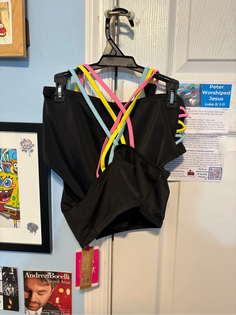 Justice Black Ribbed Crop Top with Multicolor Tag Accent